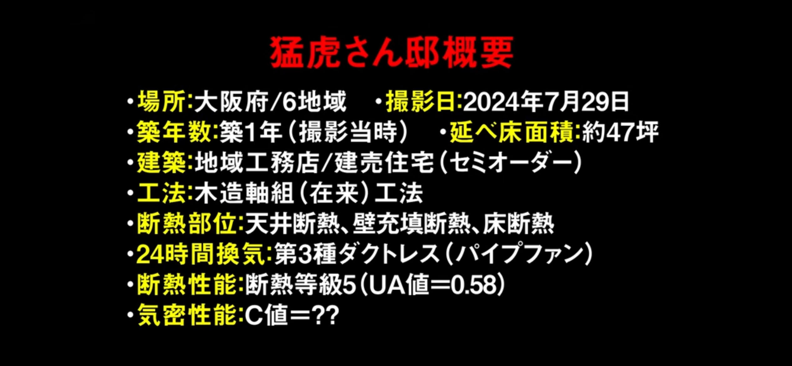 猛虎さん邸概要 場所:大阪府/6地域 撮影日:2024年7月29日 築年数:地区1年 延べ床面積:約47坪 建築:地域工務店/建売住宅(セミオーダー) 広報:木造軸組(在来)工法 断熱部位:天井断熱、壁充填断熱、床断熱、24時間換気:第3種ダクトレス(パイプファン)、断熱性能:断熱等級5(UA値=0.58) 気密性能:???