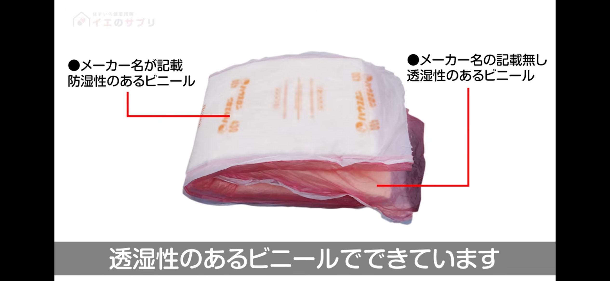 メーカー名記載面は防湿性のあるビニール、メーカー名の記載がない面は透湿性のあるビニール